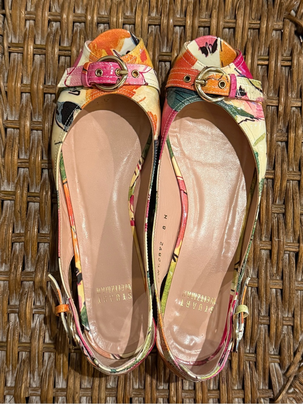 Stuart Weitzman Floral Pink Orange Multicolor Ballet Flats with Gold Buckle